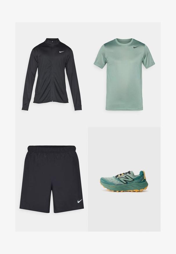 Veste de sport noire à manches longues, avec col et fermeture éclair intégrale. Présente un logo Nike subtil en blanc sur le côté supérieur gauche de la poitrine. Texture lisse.; T-shirt Nike vert clair, à manches courtes, col rond, texture lisse, avec un dégradé subtil et le logo swoosh noir sur l'épaule gauche.; Shorts de sport noirs en matériau léger avec une taille élastique. Présente un petit logo Nike blanc sur le bas du côté gauche.; Chaussure de trail running verte avec une tige en mesh, des lacets noirs et une semelle extérieure jaune épaisse. Présente les marques "Fresh Foam" et "Vibram".