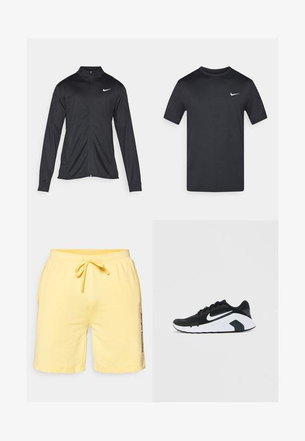 Black athletic jacket with long sleeves, collar, and full zipper. Features a subtle Nike logo in white on the upper left chest. Smooth texture.; Black short-sleeve Nike t-shirt made of lightweight fabric, featuring a small white logo on the upper left side.; Light yellow shorts made of soft cotton, featuring an elastic waistband with a drawstring and side pockets. Notable branding on the side.; Black and white Nike running shoe with white swoosh logo, lace-up design, and cushioned sole, shown from side on plain background.