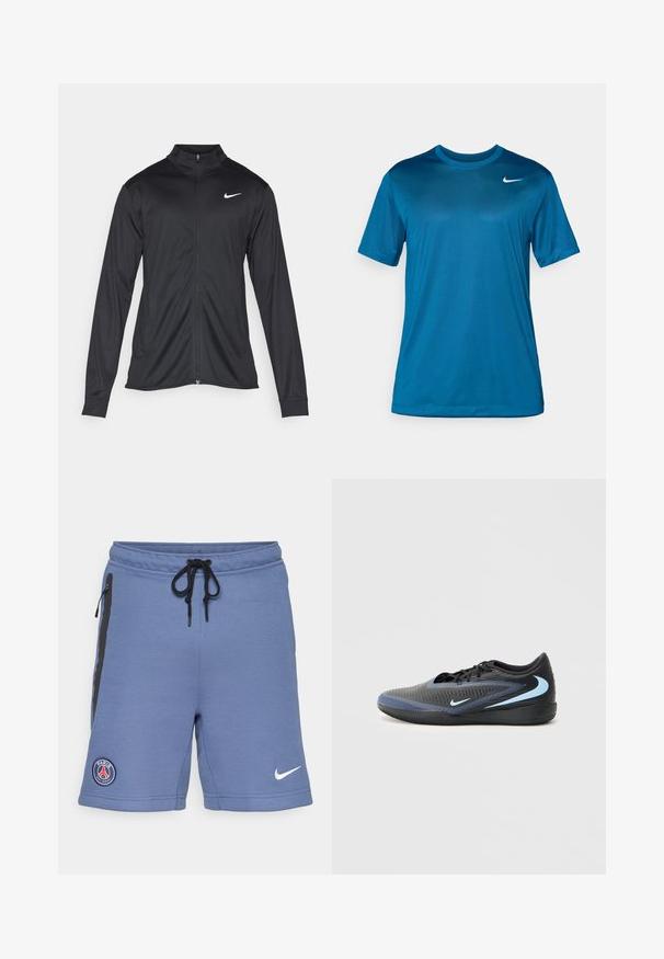 Czarna sportowa kurtka z długimi rękawami, kołnierzem i pełnym zamkiem. Posiada subtelne logo Nike w białym kolorze na lewej górnej części klatki piersiowej. Gładka tekstura.; Koszulka sportowa z krótkim rękawem w kolorze niebieskim, wykonana z gładkiego, odprowadzającego wilgoć materiału. Posiada okrągły dekolt i małe logo na piersi.; Niebieskie krótkie spodenki sportowe wykonane z miękkiego materiału, z czarnymi zamkami błyskawicznymi po bokach, elastycznym paskiem ściągającym w talii oraz logo Paris Saint-Germain po lewej stronie.; Czarno-niebieskie niskie buty sportowe o teksturowanej powierzchni, czarne sznurówki i jasnoniebieskie logo Nike w kształcie pioruna na boku i podeszwie.