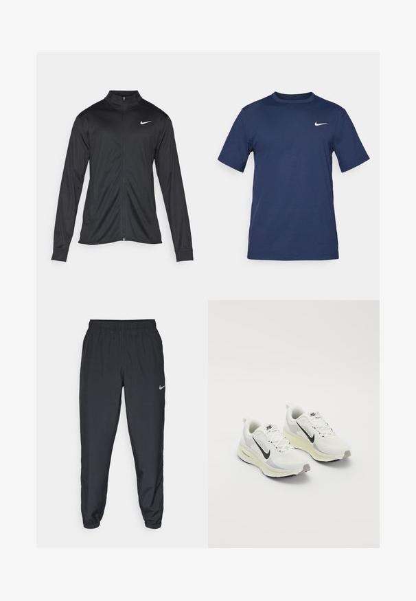 Jacket desportivo preto com mangas longas, colarinho e fecho zip completo. Apresenta um discreto logotipo da Nike em branco na parte superior do lado esquerdo do peito. Textura suave.; T-shirt Nike azul-marinho feito de um tecido suave, com mangas curtas, gola redonda e um pequeno logótipo branco no canto superior esquerdo do peito.; Calças de treino pretas feitas de um tecido leve, com um cós elástico, punhos nos tornozelos e um discreto logótipo da Nike no lado esquerdo.; Ténis de corrida feitos de malha branca respirável com detalhes em cinza claro. Apresenta um logótipo swoosh preto e uma sola exterior em borracha cinza clara.