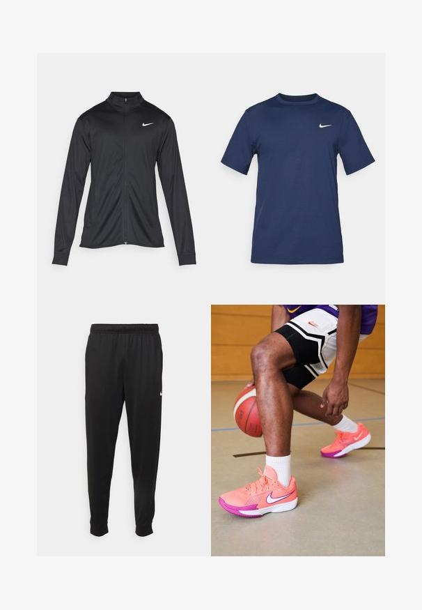 Svart idrottsjacka med långa ärmar, krage och full dragkedja. Har en diskret Nike-logga i vitt på övre vänstra bröstet. Slät yta.; Marineblå Nike-t-shirt tillverkad av mjukt tyg, med korta ärmar, rundad halsringning och en liten vit logotyp på övre vänstra bröstet.; Svarta träningsbyxor i slät tyg, med elastisk midja, avsmalnande ben och en liten vit logotyp på vänster sida.; Nike basketbollskor i klargul och lila med nätdetaljer, med en vit logotyp och texturerade sulor, på en hård trägolv.