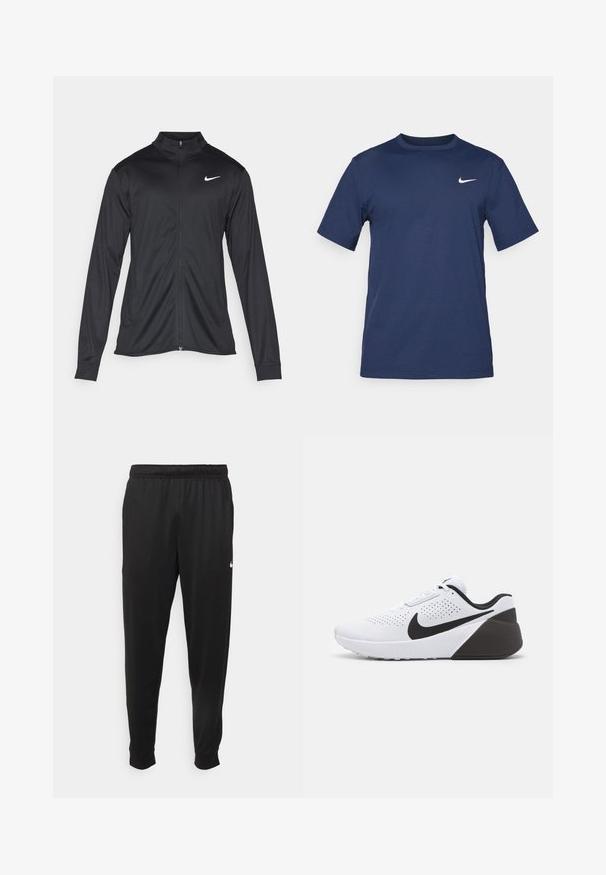 Giacca sportiva nera con maniche lunghe, colletto e zip completa. Presenta un logo Nike in bianco sulla parte superiore del lato sinistro del petto. Tessuto morbido.; T-shirt Nike blu navy in morbido tessuto, con maniche corte, collo a giro e un piccolo logo bianco sulla parte superiore sinistra del petto.; Pantaloni sportivi neri realizzati in tessuto liscio, con una vita elastica, gambe affusolate e un piccolo logo bianco sul lato sinistro.; Scarpa sportiva bianca con accenti neri, con tomaia perforata, design della punta arrotondata e tacco grigio texturizzato. Chiusura con lacci.