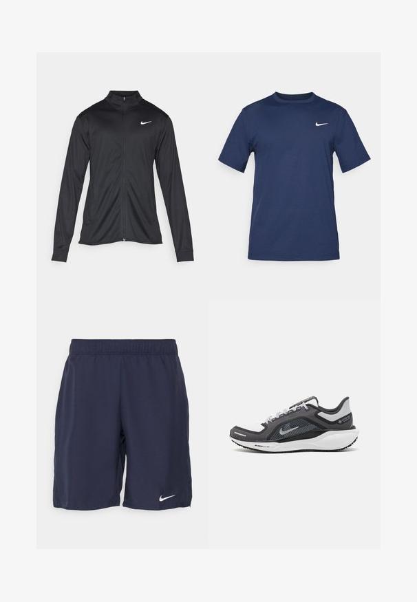 Schwarze Sportjacke mit langen Ärmeln, Kragen und voller Reißverschluss. Verfügt über ein dezentes Nike-Logo in Weiß auf der oberen linken Brust. Glatte Textur.; Marineblaue Nike-T-Shirt aus weichem Stoff, mit kurzen Ärmeln, einem Rundhalsausschnitt und einem kleinen weißen Logo auf der oberen linken Brust.; Marineblaue Sportshorts aus glattem Stoff, mit einem elastischen Bund und einem weißen Nike-Logo am unteren linken Bein.; Schwarzer und grauer Sportschuh mit einem Mesh-Obermaterial, reflektierenden Akzenten und einer weißen Zwischensohle. Verfügt über eine strukturierte Gummisohle und Schnürsenkel.