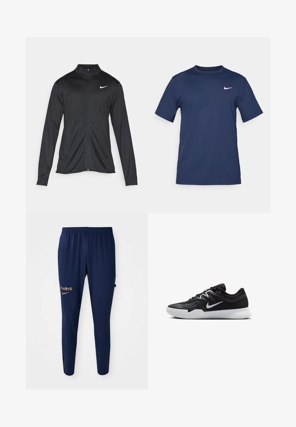 Zwarte sportjack met lange mouwen, kraag en volle rits. Voorzien van een subtiele Nike-logo in het wit op de bovenste linkerborst. Soepele textuur.; Marineblauwe Nike t-shirt gemaakt van zachte stof, met korte mouwen, een ronde hals en een klein wit logo op de bovenste linkerkant van de borst.; Marineblauwe sportbroek met een elastische tailleband, taps toelopende benen en gouden "PARIS" en Nike-logo's op het linkerpoot.; Zwarte sportieve schoen met een gestructureerde bovenkant, witte Nike swoosh en een witte rubberen zool. Beschikt over een veterontwerp en een dynamische vorm.