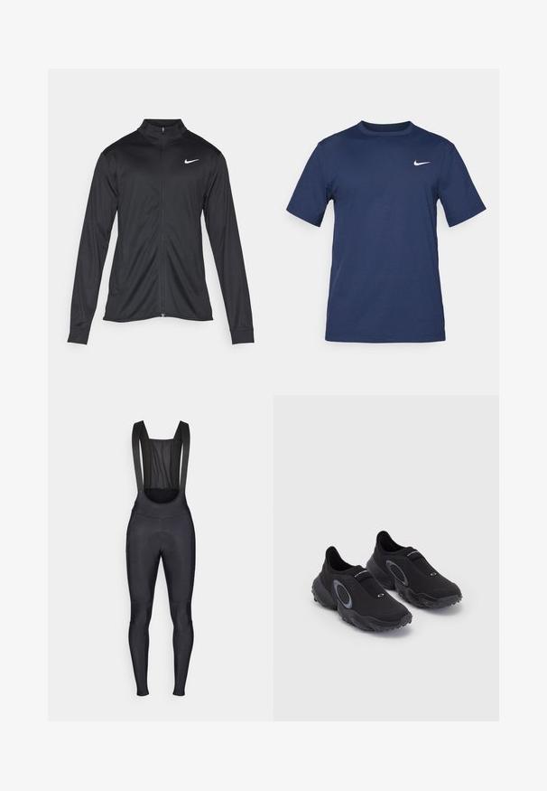 Jacket desportivo preto com mangas longas, colarinho e fecho zip completo. Apresenta um discreto logotipo da Nike em branco na parte superior do lado esquerdo do peito. Textura suave.; T-shirt Nike azul-marinho feito de um tecido suave, com mangas curtas, gola redonda e um pequeno logótipo branco no canto superior esquerdo do peito.; Tights de ciclismo pretos com alças, apresentando um painel traseiro em malha e uma área acolchoada na parte inferior para conforto durante os passeios.; Sapatilhas pretas slip-on com um superior texturizado e sola de borracha. Apresentam um detalhe circular cinza e uma faixa elástica no peito do pé para um melhor ajuste.
