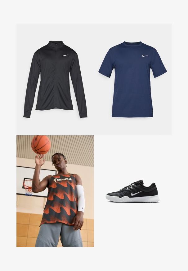 Svart idrettsjakke med lange ermer, krage og full glidelås. Har en subtil Nike-logo i hvitt på øvre venstre bryst. Glatt tekstur.; Mørkeblå Nike t-skjorte laget av mykt stoff, med korte ermer, rund hals, og en liten hvit logo på øvre venstre bryst.; WNBA tanktop i oransje og svart, med et bølgemønster. Kombinert med grå shorts og en hvit armlomme, holder en basketball over hodet.; Svart treningssko med teksturert overdel, hvit Nike-swoosh og hvit gummisåle. Har snøring og en dynamisk form.