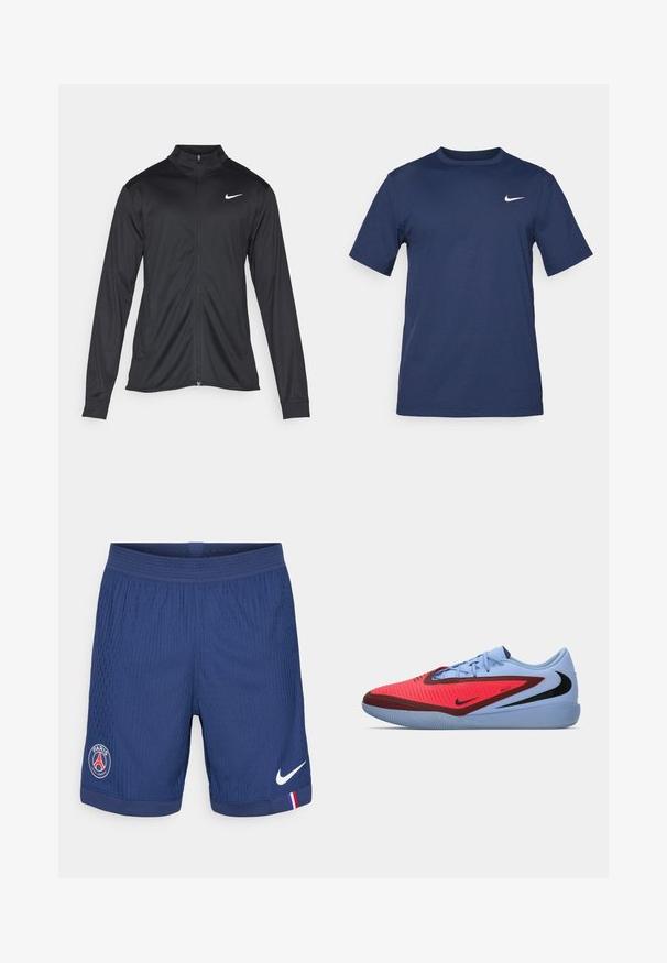 Giacca sportiva nera con maniche lunghe, colletto e zip completa. Presenta un logo Nike in bianco sulla parte superiore del lato sinistro del petto. Tessuto morbido.; T-shirt Nike blu navy in morbido tessuto, con maniche corte, collo a giro e un piccolo logo bianco sulla parte superiore sinistra del petto.; Pantaloni sportivi blu navy realizzati in tessuto testurizzato, con logo Nike, emblema di Parigi e un accento rosso-blu-bianco sull'orlo.; Scarpa sportiva Nike con tomaia blu, dettagli rossi, un design testurizzato e un logo nero. Suola in gomma con grip a motivo.