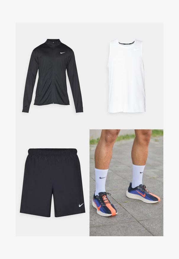 Črna atletska jakna z dolgimi rokavi, ovratnikom in polnim zadrgo. Vključuje diskreten bel Nike logotip na zgornjem levem delu prsnega koša. Gladka tekstura.; Bela brezrokavnica za tek Nike z okroglim izrezom, gladko teksturo in črnim Nike logotipom na zgornji levi strani prsnega koša.; Črne atletske kratke hlače iz lahkotnega materiala z elastičnim pasom. Imajo majhen bel Nike logo na spodnji levi strani.; Nike tekaški čevlji v mornarsko modri barvi z oranžnimi detajli. Mrežasta zgornji del za zračnost, debel bel podplat in črne vezalke. Nosi se z belimi nogavicami.