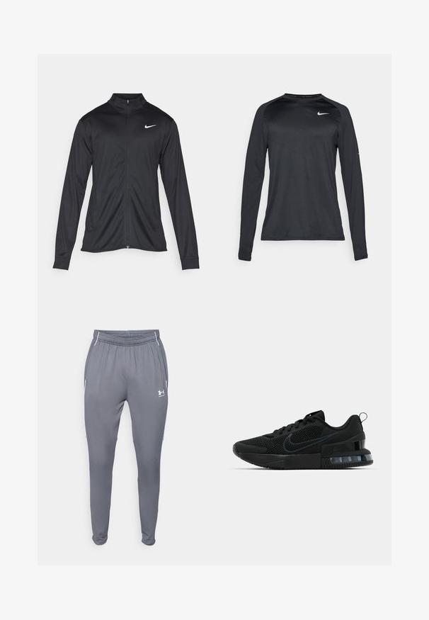 Jachetă sportivă neagră cu mâneci lungi, guler și fermoar complet. Prezintă un logo Nike subtil, alb, pe pieptul din stânga sus. Textură netedă.; Tricou sportiv cu mâneci lungi, de culoare neagră, realizat dintr-un material neted și elastic. Are un design texturat subtil și un mic logo alb pe piept.; Pantaloni atletici gri cu talie elastică, buzunare laterale și accente albe. Realizați dintr-un material neted și ușor.; Pantofii atletici negri Nike au un superior din plasă, talpă din cauciuc, guler căptușit și un accent distinct transparent în călcâi.