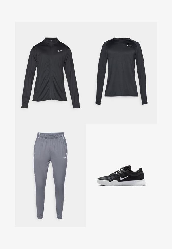 Fekete sportdzseki hosszú ujjal, gallérral és teljes cipzárral. Diszkrét fehér Nike logóval az upper bal mellen. Sima textúra.; Hosszú ujjú fekete sportpóló sima, rugalmas anyagból. Diszkrét textúrájú designnal és egy kis fehér logóval a mellkasán.; Szürke sportnadrág, elasztikus derékrésszel, oldalsó zsebekkel és fehér díszítéssel. Simább, könnyű anyagból készült.; Fekete sportcipő texturált felsőrésszel, fehér Nike logóval és fehér gumitalppal. Fűzős kialakítással és dinamikus formával rendelkezik.