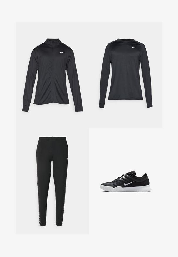 Svart idrottsjacka med långa ärmar, krage och full dragkedja. Har en diskret Nike-logga i vitt på övre vänstra bröstet. Slät yta.; Långärmad svart träningsskjorta av ett slätt, elastiskt material. Har en subtil texturerad design och en liten vit logotyp på bröstet.; Svarta träningbyxor med elastisk midja och insvängda mudd, designade med vita sidosträck och en logotyp nära höften.; Svarta träningsskor med en texturerad ovandel, vit Nike-logga och en vit gummisula. Har snörningsdesign och en dynamisk form.