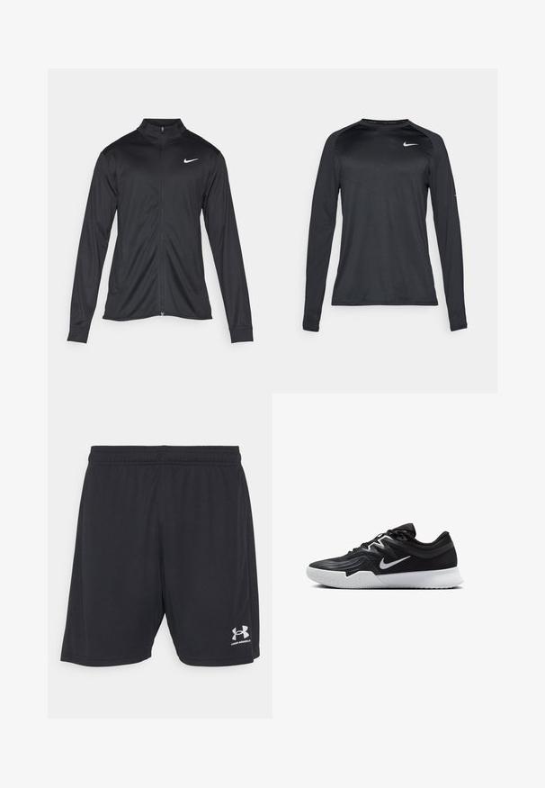 Crna sportska jakna s dugim rukavima, ovratnikom i punim patentnim zatvaračem. Ima suptilan Nike logo u bijeloj boji na gornjem lijevom dijelu prsne oznake. Glatka tekstura.; Crna sportska majica dugih rukava izrađena od glatkog, rastezljivog materijala. Ima suptilan teksturirani dizajn i mali bijeli logo na prsima.; Crne atletske kratke hlače od glatkog materijala s elastičnim pojasom. Sadrže logo u srebrnoj boji na donjoj desnoj strani.; Crna sportska cipela s teksturiranim gornjim dijelom, bijelim Nike swooshom i bijelim gumennim potplatom. Ima dizajn s vezanjem i dinamičan oblik.