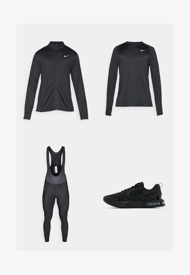 Chaqueta atlética negra con mangas largas, collar y cremallera completa. Presenta un sutil logo de Nike en blanco en la parte superior izquierda del pecho. Textura suave.; Camisa deportiva de manga larga negra hecha de un material suave y elástico. Presenta un diseño texturizado sutil y un pequeño logo blanco en el pecho.; Mallas de ciclismo negras con tirantes, que cuentan con un panel superior texturizado con diseño de malla, piernas ajustadas y un asiento acolchado para mayor comodidad.; Zapatilla deportiva negra de Nike con parte superior de malla, suela de goma, cuello acolchado y un distintivo acento transparente en el talón.