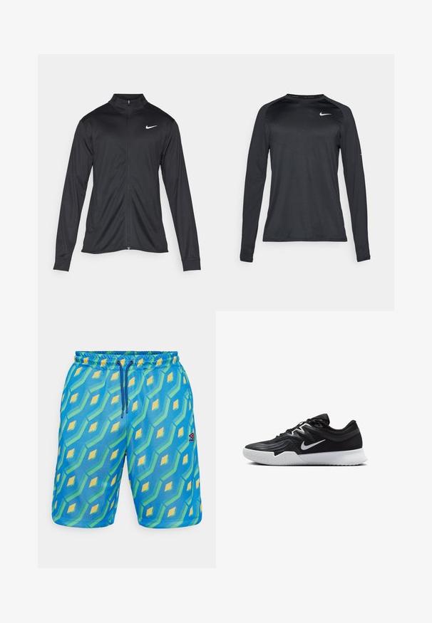 Černá sportovní bunda s dlouhými rukávy, límcem a plným zipem. Má decentní bílou logo značky Nike na horní levé části hrudi. Hladká textura.; Černé sportovní tričko s dlouhým rukávem vyrobené z hladkého, pružného materiálu. Obsahuje jemný texturovaný vzor a malé bílé logo na hrudi.; Modré plavky s geometrickým vzorem v zelené a žluté barvě, se elastickým pasem, šňůrkou a malou logovou nášivkou.; Černá atletická bota s texturovaným svrškem, bílým logem Nike a bílou gumovou podrážkou. Disponuje šněrovacím designem a dynamickým tvarem.