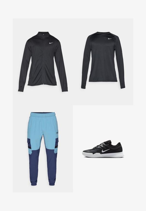 Jacket desportivo preto com mangas longas, colarinho e fecho zip completo. Apresenta um discreto logotipo da Nike em branco na parte superior do lado esquerdo do peito. Textura suave.; Camisola de mangas longas preta de desporto, feita de um material liso e elástico. Apresenta um design texturizado subtil e um pequeno logótipo branco no peito.; Calças de moletom azuis e marinhas com um cós elástico, bolsos laterais e detalhes ao estilo cargo. Feitas de tecido suave e respirável.; Sapatilha atlética preta com um cabedal texturizado, swoosh branco da Nike e uma sola de borracha branca. Apresenta um design com atacadores e uma forma dinâmica.