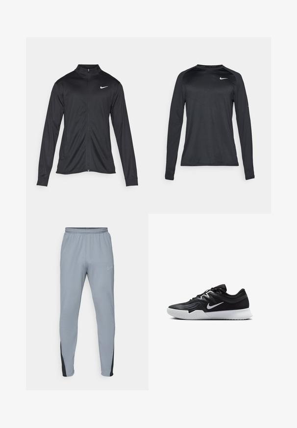 Juodas sportinis švarkas su ilgomis rankovėmis, apykakle ir pilnu užtrauktuku. Yra subtilus baltas Nike logotipas kairėje krūtinės pusėje. Lygus tekstūra.; Ilga rankovė juoda sportinė marškinė, pagaminta iš lygaus, tampraus audinio. Pavyzdinga subtili tekstūrinė dizaino išvaizda ir mažas baltas logotipas ant krūtinės.; Pilkos sportinės kelnės su elastinga juosta, siaurėjančiomis kojomis ir juodais akcentais. Kairėje pusėje yra mažas, šviesiai pilkas logotipas.; Juodos sportinės bateliai su tekstūruota viršutine dalimi, balta Nike swoosh ir balta gumine išorine dalimi. Yra su raištelių užsegimo dizainu ir dinamine forma.