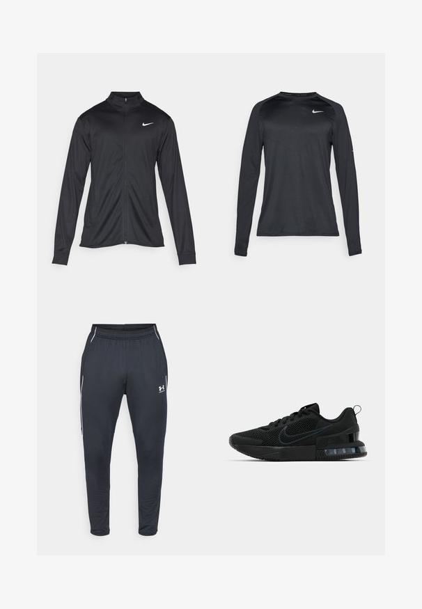 Jacket desportivo preto com mangas longas, colarinho e fecho zip completo. Apresenta um discreto logotipo da Nike em branco na parte superior do lado esquerdo do peito. Textura suave.; Camisola de mangas longas preta de desporto, feita de um material liso e elástico. Apresenta um design texturizado subtil e um pequeno logótipo branco no peito.; Calças de desporto pretas feitas de tecido suave, com um cós elástico, pernas ajustadas e riscas laterais brancas. Inclui um logótipo da Under Armour.; Tênis esportivo Nike preto com parte superior em malha, sola de borracha, colarinho acolchoado e um distinto detalhe transparente no calcanhar.