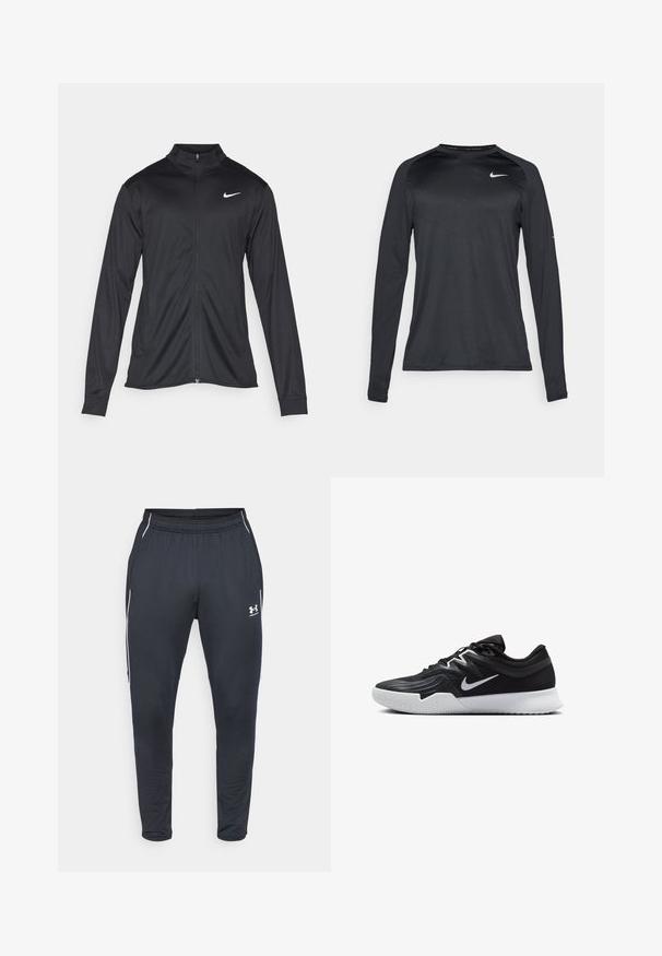 Svart idrettsjakke med lange ermer, krage og full glidelås. Har en subtil Nike-logo i hvitt på øvre venstre bryst. Glatt tekstur.; Langermet svart treningstrøye laget av et glatt, elastisk materiale. Har et subtilt teksturert design og en liten hvit logo på brystet.; Svart treningbukse laget av glatt stoff, med elastisk liv, avsmalnende ben og hvite sidestriper. Inkluderer en Under Armour-logo.; Svart treningssko med teksturert overdel, hvit Nike-swoosh og hvit gummisåle. Har snøring og en dynamisk form.