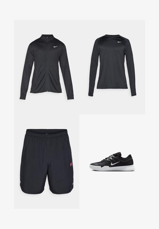 Svart idrettsjakke med lange ermer, krage og full glidelås. Har en subtil Nike-logo i hvitt på øvre venstre bryst. Glatt tekstur.; Langermet svart treningstrøye laget av et glatt, elastisk materiale. Har et subtilt teksturert design og en liten hvit logo på brystet.; Sorte treningsshorts laget av lette materialer. Har elastisk midjebånd, rosa logo på høyre side og mesh-detaljer på siden.; Svart treningssko med teksturert overdel, hvit Nike-swoosh og hvit gummisåle. Har snøring og en dynamisk form.