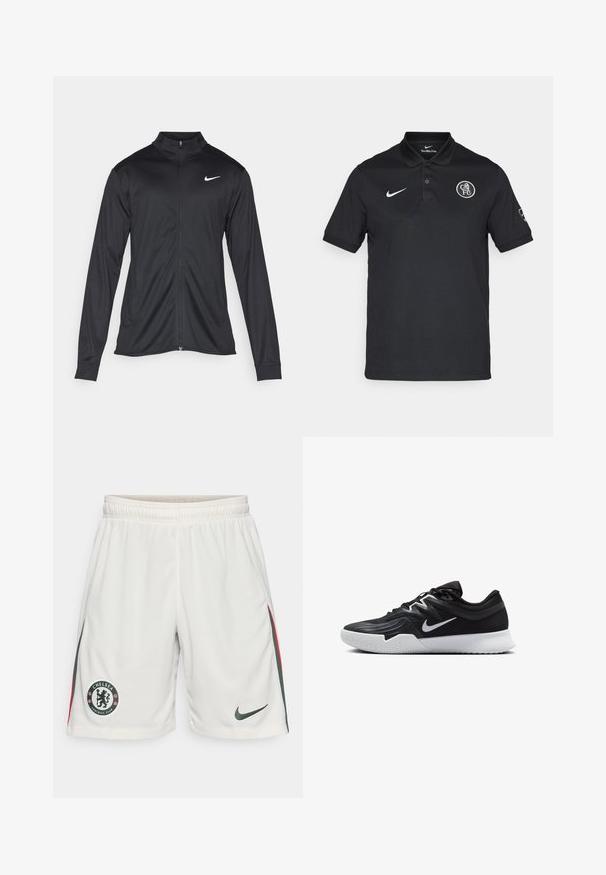 Veste de sport noire à manches longues, avec col et fermeture éclair intégrale. Présente un logo Nike subtil en blanc sur le côté supérieur gauche de la poitrine. Texture lisse.; Polo noir à manches courtes en tissu lisse, avec une patte de boutonnage à deux boutons et un logo rond sur la poitrine gauche. Accent du swoosh blanc de Nike.; Shorts de football blancs avec un tissu texturé, une taille élastique, le logo de Chelsea FC et des bandes latérales vertes et rouges. Logo Nike sur l'ourlet.; Chaussure de sport noire avec une tige texturée, un swoosh blanc de Nike et une semelle extérieure en caoutchouc blanc. Elle présente un design à lacets et une forme dynamique.
