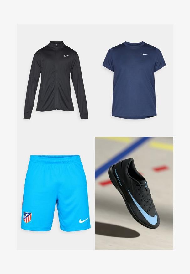 Melna sporta jaka ar garām piedurknēm, apkakli un pilnu rāvējslēdzēju. Uz kreisā krūts augšdaļas ir maigs Nike logo baltā krāsā. Gluda tekstūra.; Jūras zila, īssvīru sporta T-krekls, kas izgatavots no gludas, vieglas auduma; raksturīgs neliels balts Nike logo augšējā kreisajā pusē.; Gaiši zili sporta šorti, kas izgatavoti no elpojoša auduma ar elastīgu jostasvietu, ar komandas logo uzšuvumu un baltu Nike sviestmaizi.; Melnas sporta apavas ar ziliem akcentiem, teksturēta virsma, auklu dizains un izteiksmīga Nike logo. Gumijas zole ar saķeres rakstiem.