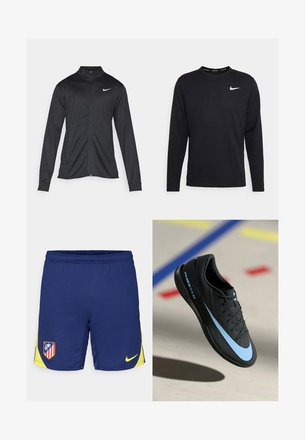 Črna atletska jakna z dolgimi rokavi, ovratnikom in polnim zadrgo. Vključuje diskreten bel Nike logotip na zgornjem levem delu prsnega koša. Gladka tekstura.; Črna dolgoročna Nike majica z gladko tkanino, ki ima bel Nike logo na levi strani prsnega dela in okroglo ovratnico.; Temno modri atletski šortsi z rumenimi poudarki, ki vključujejo značko ekipe in majhen Nike znak. Narejeni iz zračnega materiala.; Črne športne copate z modrimi detajli, teksturirana površina, vezalni dizajn in značilni Nike logotip. Gumijast podplat z vzorci za oprijem.