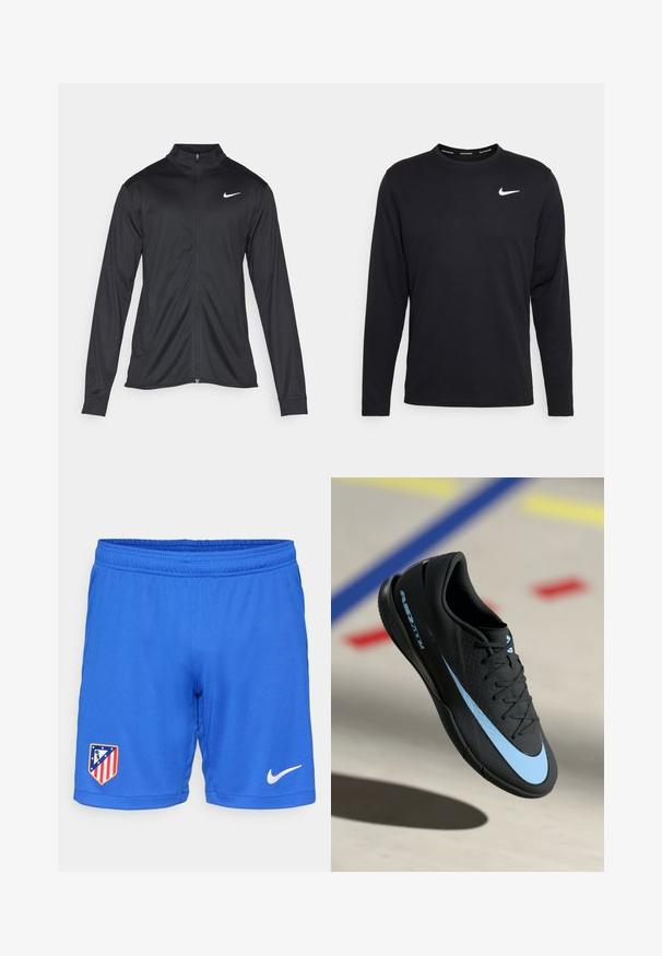 Schwarze Sportjacke mit langen Ärmeln, Kragen und voller Reißverschluss. Verfügt über ein dezentes Nike-Logo in Weiß auf der oberen linken Brust. Glatte Textur.; Schwarz langärmliges Nike-Shirt aus glattem Material mit einem weißen Nike-Logo auf der linken Brust und einem runden Halsausschnitt.; Blaue Sportshorts mit elastischem Bund, auf der linken Seite mit einem Teamlogo und auf der rechten Seite mit einem weißen Nike-Swoosh.; Schwarzer Sportschuh mit blauen Akzenten, strukturierter Oberfläche, Schnürdesign und markantem Nike-Logo. Gummisohle mit Grip-Mustern.