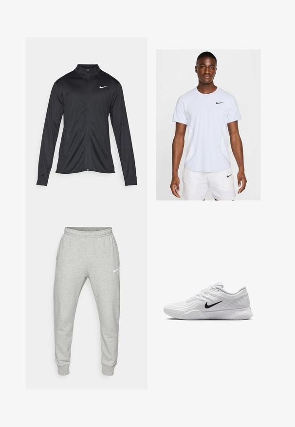 Giacca sportiva nera con maniche lunghe, colletto e zip completa. Presenta un logo Nike in bianco sulla parte superiore del lato sinistro del petto. Tessuto morbido.; Maglietta sportiva Nike azzurro chiaro con maniche corte, materiale texturizzato, cuciture laterali curve e logo Nike nero sul petto.; Pantaloni da felpa grigio chiaro realizzati in morbido cotone misto, con vita ed orli elasticizzati, e un piccolo logo bianco sulla coscia sinistra.; Scarpa da ginnastica bianca con tomaia in mesh testurizzato, logo Nike nero, collo imbottito e suola in gomma con un motivo di battistrada.