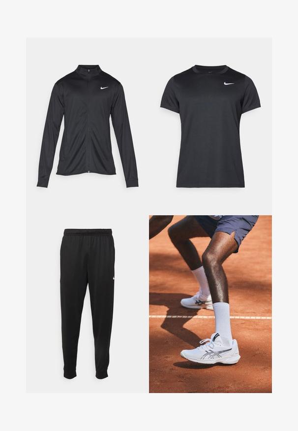 Black athletic jacket with long sleeves, collar, and full zipper. Features a subtle Nike logo in white on the upper left chest. Smooth texture.; Black Nike sports t-shirt with short sleeves, crew neck, smooth texture, featuring a white logo on the upper left side.; Black athletic pants made of smooth fabric, featuring an elastic waistband, tapered legs, and a small white logo on the left side.; White athletic shoes with silver accents, featuring a textured sole, mesh fabric upper, and laces, positioned on a clay tennis court.
