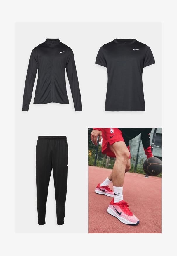 Czarna sportowa kurtka z długimi rękawami, kołnierzem i pełnym zamkiem. Posiada subtelne logo Nike w białym kolorze na lewej górnej części klatki piersiowej. Gładka tekstura.; Czarna sportowa koszulka Nike z krótkim rękawem, okrągłym dekoltem, gładką fakturą, z białym logo na górnej lewej stronie.; Czarne sportowe spodnie wykonane z gładkiego materiału, z elastycznym pasem, zwężanymi nogawkami i małym białym logo po lewej stronie.; Czerwone, lekkie buty do koszykówki z siateczkowym wzorem i kontrastującymi granatowymi akcentami, zestawione z białymi skarpetkami z czarnym logo.