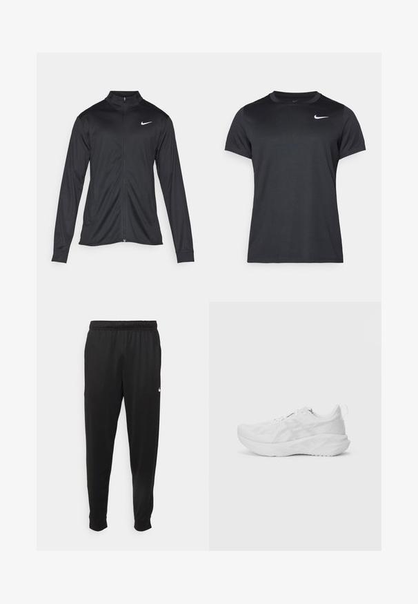 Must värvi sportlik jakk pikkade varrukatega, krae ja täispikk tõmblukk. Ülemises vasakus rinnas on diskreetne valge Nike logo. Sile tekstuur.; Mustmustuur Nike spordit-särk lühikeste varrukatega, ümmarguse kaelusega, sileda tekstuuriga, millel on valge logo vasakul ülemisel küljel.; Mustad mustekad athletic-püksid sujuvast kangast, elastse vöökoha, kitsenevate jalgade ja väikese valge logoga vasakul küljel.; Valge sportlik jalats tekstureeritud võrkiu ja innovaatilise pehmendusega, kaardus tallaga ning kandmisel mugavuse nimel tõmbeosa kande peal.