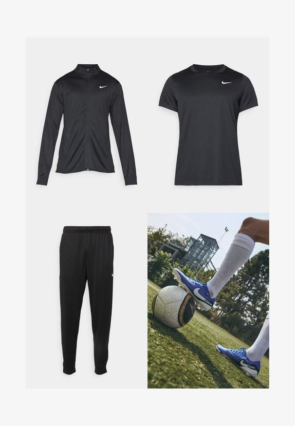 Giacca sportiva nera con maniche lunghe, colletto e zip completa. Presenta un logo Nike in bianco sulla parte superiore del lato sinistro del petto. Tessuto morbido.; Maglietta sportiva nera Nike con maniche corte, colletto a giro, texture liscia, caratterizzata da un logo bianco sull'angolo in alto a sinistra.; Pantaloni sportivi neri realizzati in tessuto liscio, con una vita elastica, gambe affusolate e un piccolo logo bianco sul lato sinistro.; Scarpa da calcio Nike di colore blu, con tomaia sintetica testurizzata e dettagli bianchi, poggiata su un pallone da calcio bianco e nero a motivi, sull'erba verde.