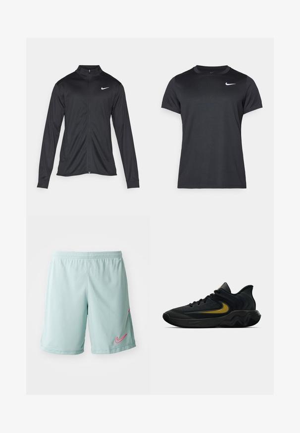 Veste de sport noire à manches longues, avec col et fermeture éclair intégrale. Présente un logo Nike subtil en blanc sur le côté supérieur gauche de la poitrine. Texture lisse.; T-shirt de sport noir Nike à manches courtes, col rond, texture lisse, avec un logo blanc sur le côté gauche supérieur.; Shorts de sport bleu clair avec une texture en mesh, arborant un logo Nike rose sur le côté gauche et une taille élastique.; Chaussure de sport noire et gris foncé avec des lacets noirs et un logo swoosh doré, présentant un design de semelle ondulée et un col de talon rembourré.