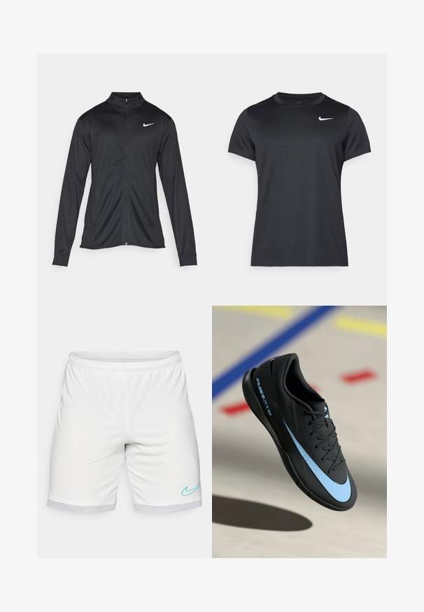 Black athletic jacket with long sleeves, collar, and full zipper. Features a subtle Nike logo in white on the upper left chest. Smooth texture.; Black Nike sports t-shirt with short sleeves, crew neck, smooth texture, featuring a white logo on the upper left side.; White athletic shorts with an elastic waistband, mesh trim, and a turquoise Nike swoosh logo at the lower right side.; Black athletic shoe with blue accents, textured surface, lace-up design, and distinctive Nike logo. Rubber sole with grip patterns.
