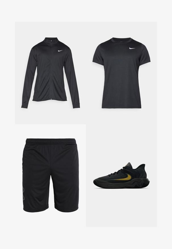 Fekete sportdzseki hosszú ujjal, gallérral és teljes cipzárral. Diszkrét fehér Nike logóval az upper bal mellen. Sima textúra.; Fekete Nike sportpóló rövid ujjakkal, kerek nyakkivágással, sima textúrával, fehér logóval a bal felső oldalon.; Fekete sportnadrág könnyű anyagból, rugalmas derékkal és diszkrét oldalsó panel dizájnnal. Simacsiszolt, zsebek nélkül.; Fekete és sötétszürke sportcipő fekete fűzővel és arany swoosh logóval, hullámos talpformával és párnázott sarokpánttal.