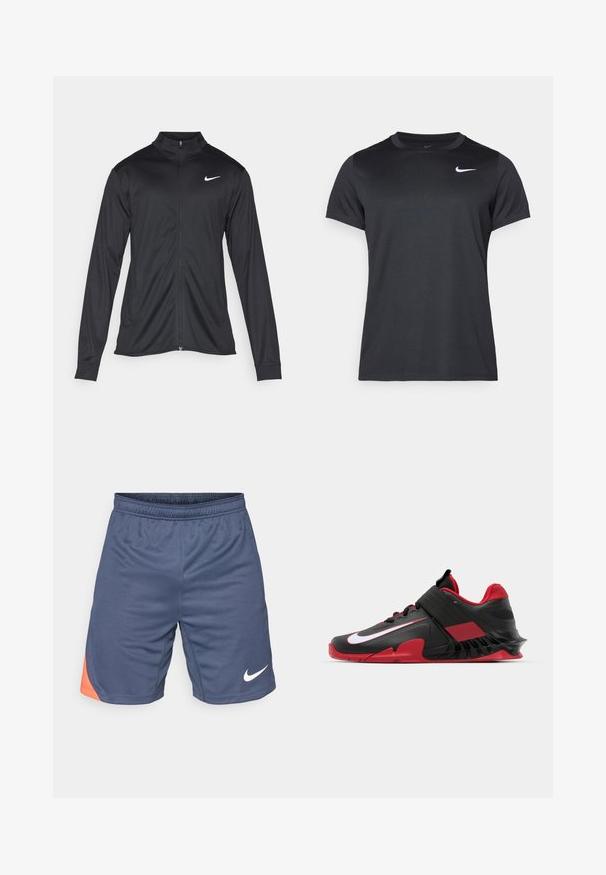 Must värvi sportlik jakk pikkade varrukatega, krae ja täispikk tõmblukk. Ülemises vasakus rinnas on diskreetne valge Nike logo. Sile tekstuur.; Mustmustuur Nike spordit-särk lühikeste varrukatega, ümmarguse kaelusega, sileda tekstuuriga, millel on valge logo vasakul ülemisel küljel.; Tumed sinise värviga sportlikud lühikesed püksid, millel on oranž aktsent vasakul küljel. Valmistatud kergetest kangast, elastsest vöökoht ja valge logo.; Mustvalged mustade ja punaste spordijalatsite libe disain, tekstureeritud võrgust pealisosa, tugev kummist tall ja silmapaistev valge logo aktsent.