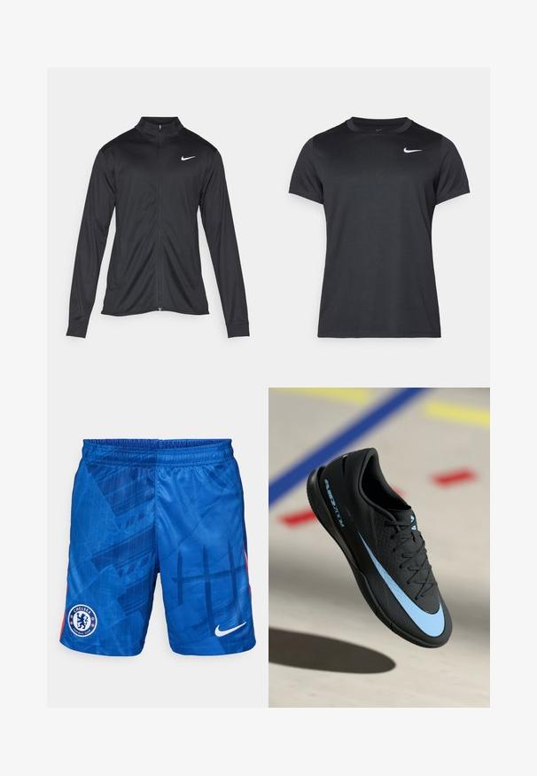 Must värvi sportlik jakk pikkade varrukatega, krae ja täispikk tõmblukk. Ülemises vasakus rinnas on diskreetne valge Nike logo. Sile tekstuur.; Mustmustuur Nike spordit-särk lühikeste varrukatega, ümmarguse kaelusega, sileda tekstuuriga, millel on valge logo vasakul ülemisel küljel.; Sinine jalgpallilühikeste temaga kerge kangaga. Omab geomeetrilist mustrit, elastset vöökohta ja Chelsea FC logo vasakul jalal.; Mustad mustus spordijalats siniste detailidega, tekstureeritud pind, lipsudega disain ja eristuv Nike logo. Kummist talla, millel on haardemustrid.