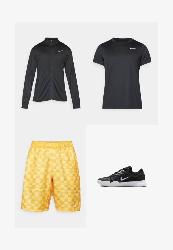 Jacket desportivo preto com mangas longas, colarinho e fecho zip completo. Apresenta um discreto logotipo da Nike em branco na parte superior do lado esquerdo do peito. Textura suave.; Camiseta esportiva preta da Nike com mangas curtas, gola redonda, textura suave, apresentando um logo branco no lado superior esquerdo.; Calças amarelas com padrão de tabuleiro de xadrez, cintura elástica e um pequeno logo branco no canto inferior direito. Textura suave.; Sapatilha atlética preta com um cabedal texturizado, swoosh branco da Nike e uma sola de borracha branca. Apresenta um design com atacadores e uma forma dinâmica.