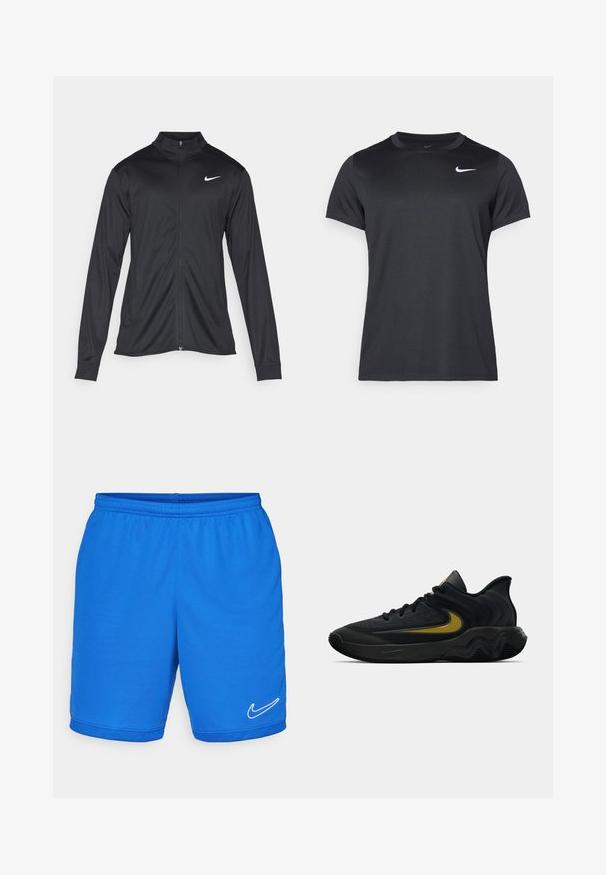 Veste de sport noire à manches longues, avec col et fermeture éclair intégrale. Présente un logo Nike subtil en blanc sur le côté supérieur gauche de la poitrine. Texture lisse.; T-shirt de sport noir Nike à manches courtes, col rond, texture lisse, avec un logo blanc sur le côté gauche supérieur.; Shorts de sport bleus avec une taille élastique, fabriqués en tissu lisse. Comprend un logo Nike blanc sur le bas à droite et des accents en maille.; Chaussure de sport noire et gris foncé avec des lacets noirs et un logo swoosh doré, présentant un design de semelle ondulée et un col de talon rembourré.