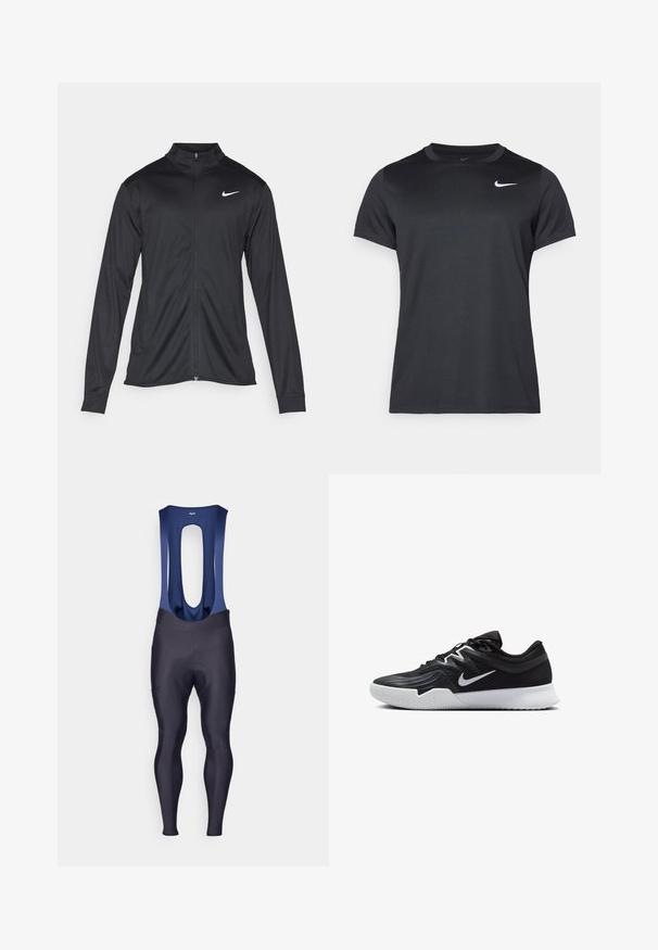 Black athletic jacket with long sleeves, collar, and full zipper. Features a subtle Nike logo in white on the upper left chest. Smooth texture.; Black Nike sports t-shirt with short sleeves, crew neck, smooth texture, featuring a white logo on the upper left side.; Rapha MENS CORE WINTER WITH PAD - Leggings - dark navy/navy; Black athletic shoe with a textured upper, white Nike swoosh, and a white rubber outsole. Features a lace-up design and dynamic shape.