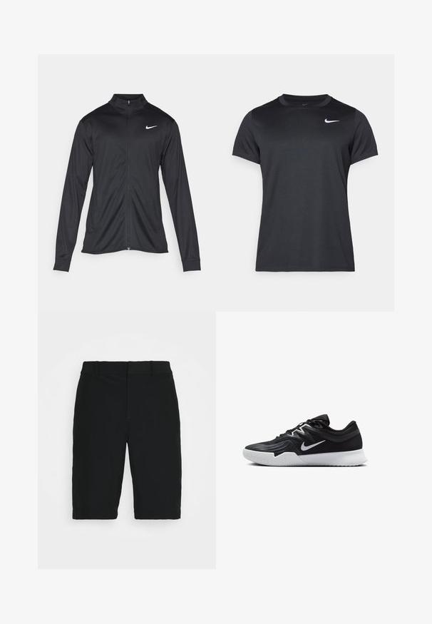 Must värvi sportlik jakk pikkade varrukatega, krae ja täispikk tõmblukk. Ülemises vasakus rinnas on diskreetne valge Nike logo. Sile tekstuur.; Mustmustuur Nike spordit-särk lühikeste varrukatega, ümmarguse kaelusega, sileda tekstuuriga, millel on valge logo vasakul ülemisel küljel.; Mustad mustad rihmad sujuvast kangast, otsekesega, vöödega ja ühe esikotiga, mõeldud igapäevaseks kandmiseks.; Must mustad jalanikesad rikaste ülaservaga, valge Nike swoosh'i ja valge kummist välispõhjaga. Omab paeltega sulgemisdetaili ja dünaamilist kuju.