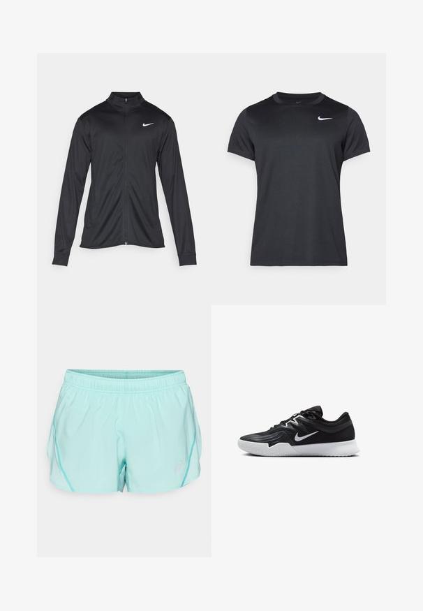 Schwarze Sportjacke mit langen Ärmeln, Kragen und voller Reißverschluss. Verfügt über ein dezentes Nike-Logo in Weiß auf der oberen linken Brust. Glatte Textur.; Schwarzes Nike Sport-T-Shirt mit kurzen Ärmeln, Rundhalsausschnitt, glatter Textur und einem weißen Logo auf der oberen linken Seite.; Helle türkisfarbene Sportshorts mit einem elastischen Bund, seitlichen Netzpaneelen und einem kleinen Logo an der unteren Vorderseite. Glatte Textur und lockere Passform.; Schwarzer Sportschuh mit strukturiertem Obermaterial, weißem Nike-Warenzeichen und einer weißen Gummisohle. Verfügt über ein Schnürdesign und eine dynamische Form.