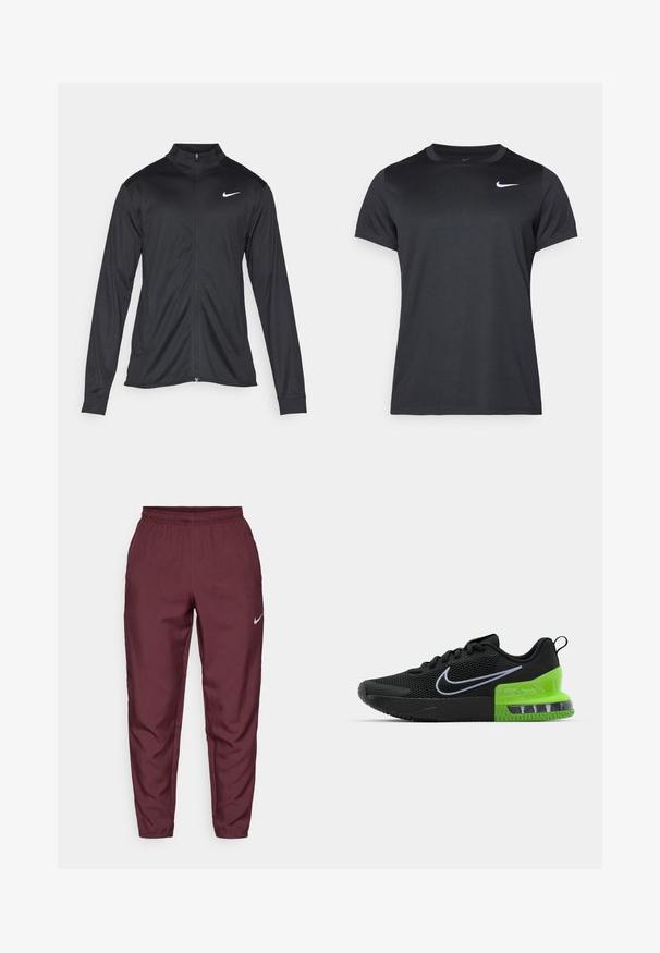 Zwarte sportjack met lange mouwen, kraag en volle rits. Voorzien van een subtiele Nike-logo in het wit op de bovenste linkerborst. Soepele textuur.; Zwarte Nike sport t-shirt met korte mouwen, ronde hals, gladde textuur, met een wit logo aan de bovenste linkerkant.; Bordeauxrood Nike sportbroek met elastische tailleband, tapse benen en zilveren logo. Gemaakt van lichtgewicht stof, met een gladde textuur en zonder patronen.; Zwarte sportieve schoen met een bovenwerk van mesh, voorzien van een groene en zwarte zool met luchtkussens en een wit Nike swoosh-logo.