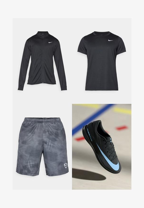Crna sportska jakna s dugim rukavima, ovratnikom i punim patentnim zatvaračem. Ima suptilan Nike logo u bijeloj boji na gornjem lijevom dijelu prsne oznake. Glatka tekstura.; Crna Nike sportska majica s kratkim rukavima, okruglim izrezom, glatke teksture, koja sadrži bijeli logo na gornjoj lijevoj strani.; Crne kupaće gaće s uzorkom bijelih kružnih točaka, elastičnim pojasom i logom na donjoj desnoj strani. Lagana tkanina.; Crne sportske cipele s plavim akcentima, teksturirana površina, s vezanjem i karakterističnim Nike logom. Gumeni potplat s uzorcima za prianjanje.