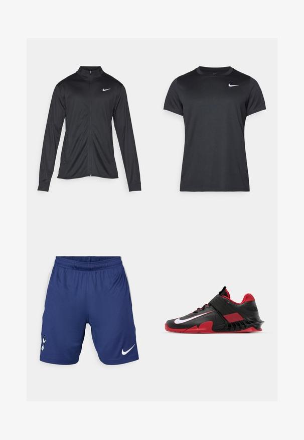 Melna sporta jaka ar garām piedurknēm, apkakli un pilnu rāvējslēdzēju. Uz kreisā krūts augšdaļas ir maigs Nike logo baltā krāsā. Gluda tekstūra.; Melnā Nike sporta t-krekls ar īsām piedurknēm, apaļu kaklu, gludu tekstūru un baltu logo augšējā kreisajā stūrī.; Nike sporta šorti tumši zilā krāsā ar elastīgu jostasvietu, sānu baltām akcentiem un kluba logotipu kreisajā kājā.; Melnas un sarkanas sporta kedas ar elegantu dizainu, teksturētu sietu augšdaļu, izturīgu gumijas zoli un izteiksmīgu baltu logotipa akcentu.