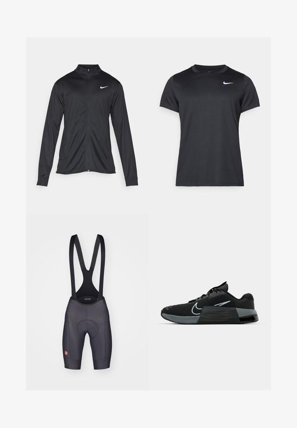 Črna atletska jakna z dolgimi rokavi, ovratnikom in polnim zadrgo. Vključuje diskreten bel Nike logotip na zgornjem levem delu prsnega koša. Gladka tekstura.; Črna športna majica Nike s kratkimi rokavi, krožnim izrezom in gladko teksturo, z belim logotipom na zgornji levi strani.; Črne kolesarske hlače z naramnicami in oblazinjenim sedežem, elastične naramnice ter kontrastni logotip. Gladek tekstilni material, krojene do dolžine kolen, prilegajoč dizajn.; Črne športne copate z mrežastim zgornjim delom, s sivimi poudarki in teksturirano srednjo podplato. Imajo izrazit logotip in vezalni sistem. Gumijasti podplat za oprijem.
