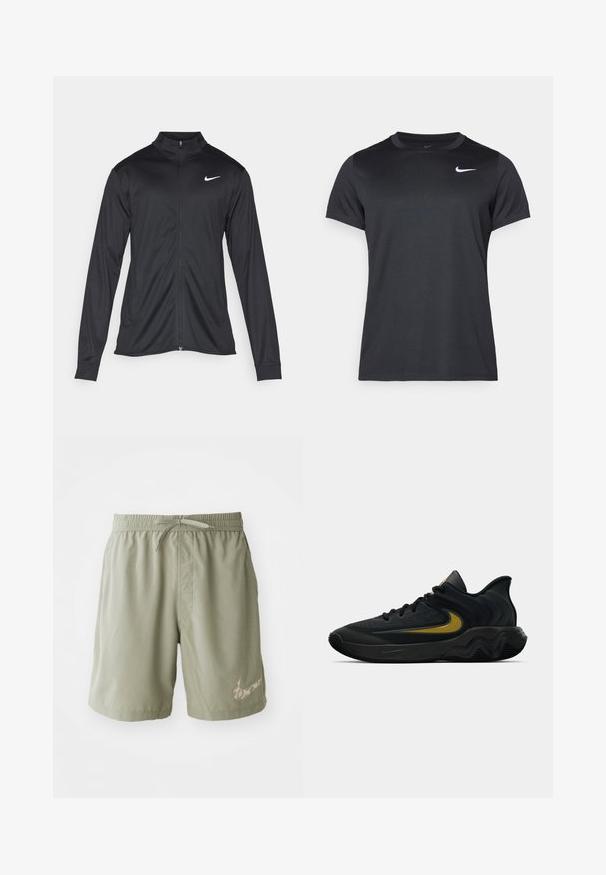 Jacket desportivo preto com mangas longas, colarinho e fecho zip completo. Apresenta um discreto logotipo da Nike em branco na parte superior do lado esquerdo do peito. Textura suave.; Camiseta esportiva preta da Nike com mangas curtas, gola redonda, textura suave, apresentando um logo branco no lado superior esquerdo.; Bermudas atléticas verdes com um cós elástico e cordão, apresentando umlogótipo da Nike camuflado na perna esquerda.; Tênis atlético preto e cinza escuro com cadarços pretos e logotipo swoosh dourado, apresentando um design de sola ondulada e colarinho acolchoado no calcanhar.