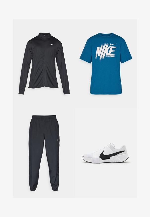 Čierna športová bunda s dlhými rukávmi, golierom a plným zipsom. Obsahuje nenápadné logo Nike v bielej farbe na hornej ľavej hrudi. Hladká textúra.; Modrá bavlnená tričko s veľkým bielym logom "NIKE" s efektom štetca a textom "EST. 1977" nižšie, okrúhlym výstrihom a krátkymi rukávmi.; Čierne teplákové nohavice vyrobené z ľahkého materiálu s elastickým pásom, manžetami na členkoch a diskrétnym logom Nike na ľavej strane.; Biele športové topánky s čiernymi akcentmi. Textúrované sieťované panely, polstrovaný golier a gumová podrážka. Obsahujú výrazný čierny logo swoosh.