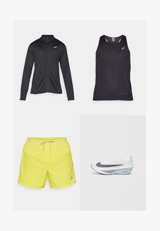 Black athletic jacket with long sleeves, collar, and full zipper. Features a subtle Nike logo in white on the upper left chest. Smooth texture.; Black athletic tank top with a V-neck, featuring textured geometric patterns and a reflective logo on the upper left side. Lightweight fabric.; Yellow shorts with an elastic waistband, drawstring closure, and light fabric. Features a subtle blue logo near the hem.; White athletic shoe with a grey mesh upper, a blue ZoomX foam midsole, and a curved outsole for enhanced propulsion and comfort.