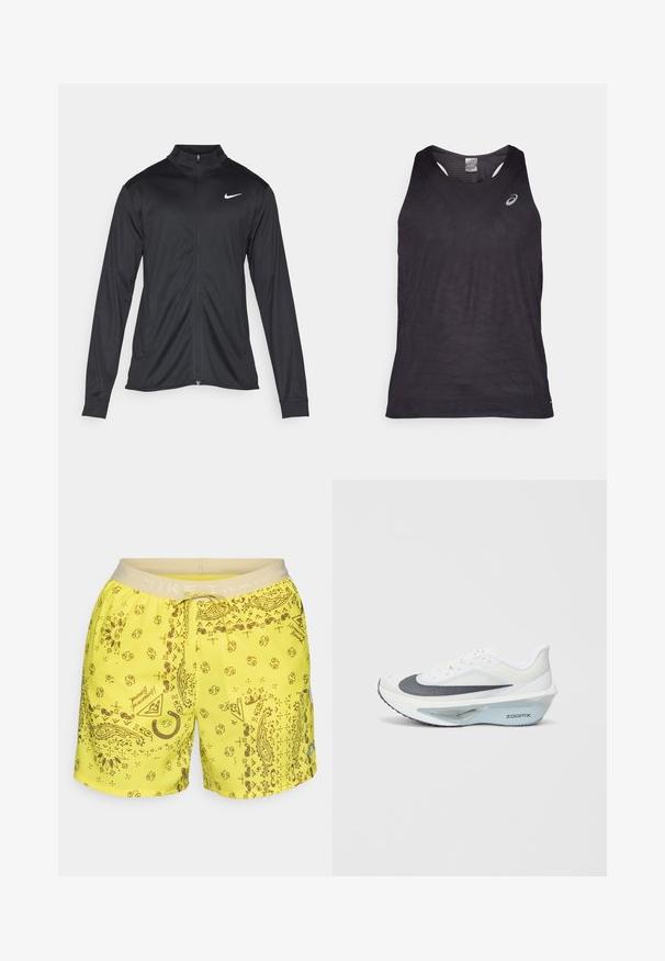 Jacket desportivo preto com mangas longas, colarinho e fecho zip completo. Apresenta um discreto logotipo da Nike em branco na parte superior do lado esquerdo do peito. Textura suave.; Top atlético preto sem mangas com decote em V, apresentando padrões geométricos texturizados e um logotipo refletivo no canto superior esquerdo. Tecido leve.; Calções amarelos brilhantes com um padrão paisley em castanho. Cintura elástica com "NIKE TRAIL" impresso. Cordão para ajuste.; Sapatilha atlética branca com parte superior em malha cinza, entressola em espuma ZoomX azul e sola curvada para maior propulsão e conforto.